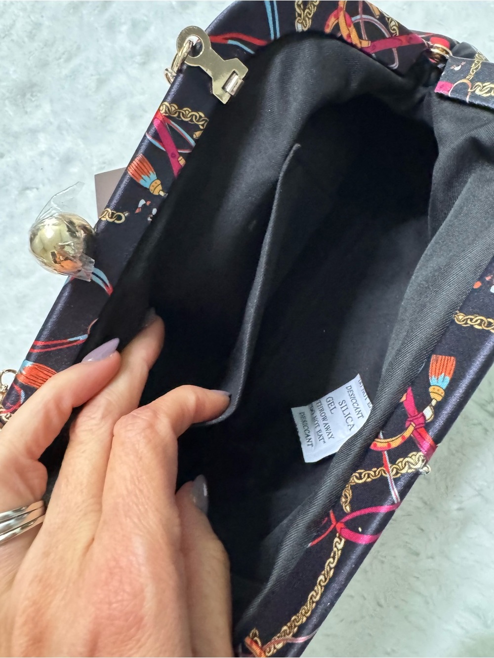 NWT- Alessia Bianchi equestrian chain print satin clutch purse - Picture 13 of 16